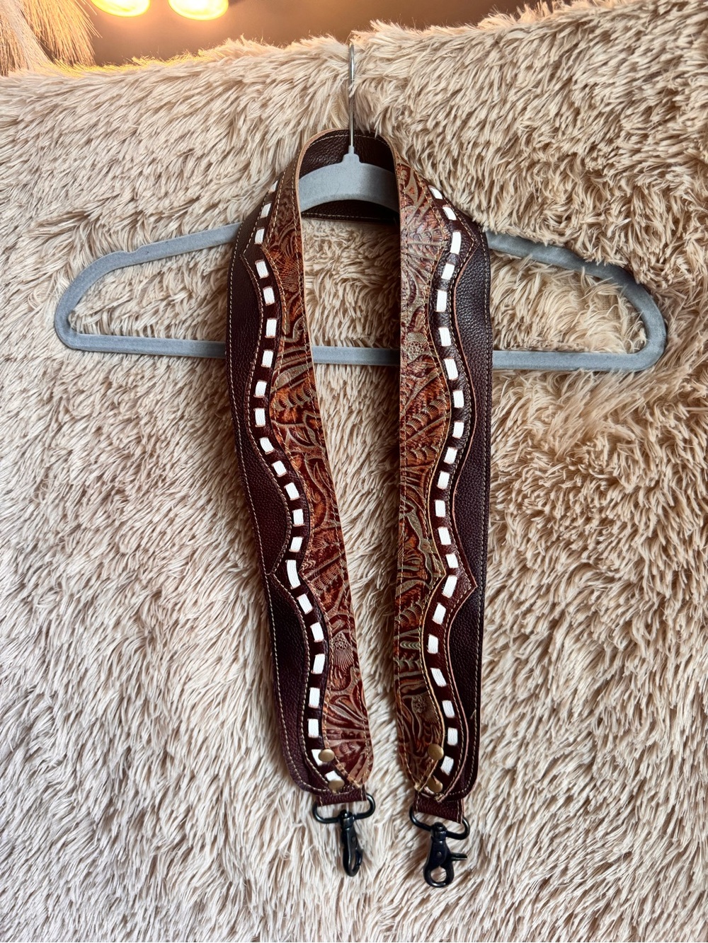 Brown Tooled Leather Camera/Bag Strap with White Accent